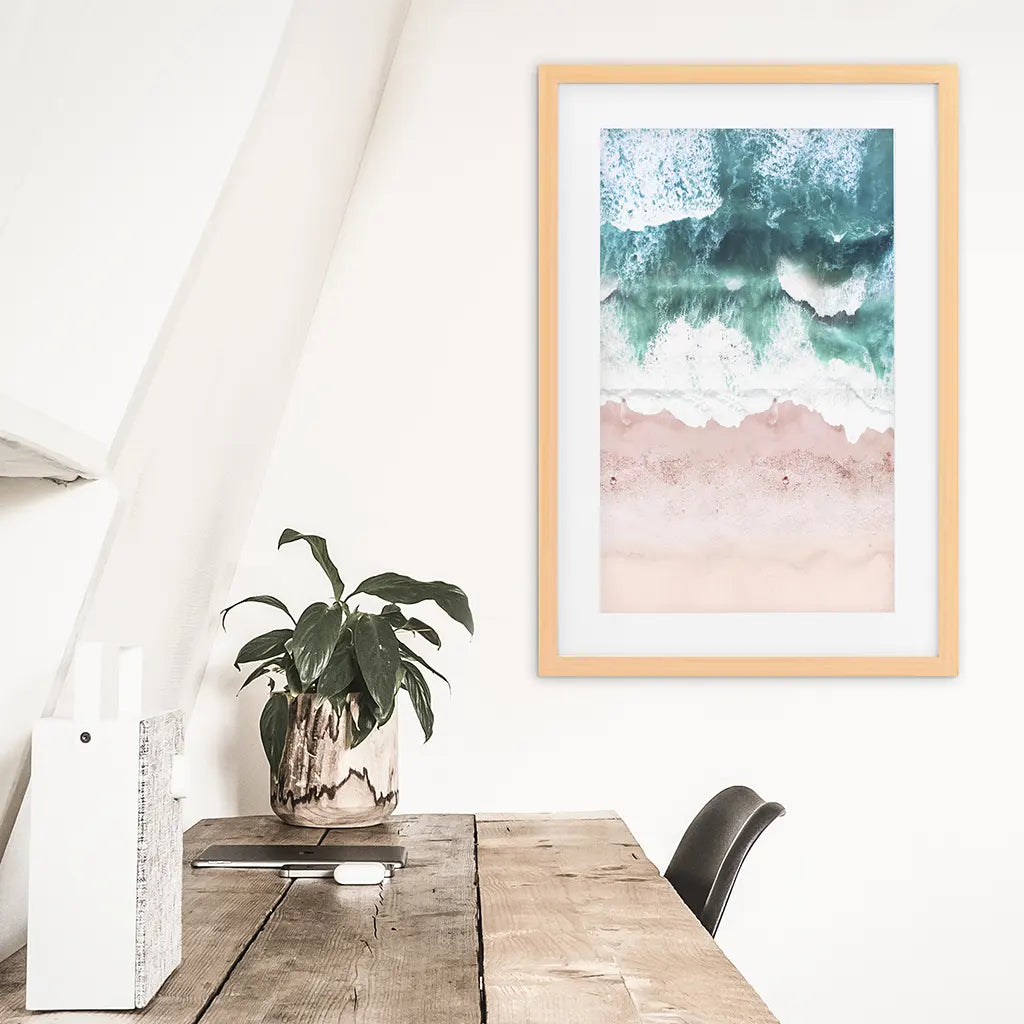 Aerial Coastal Ocean Print - Pink Beach and Blue Waves