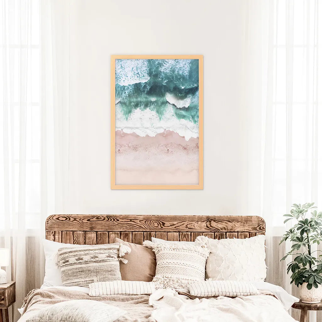 Aerial Coastal Ocean Print - Pink Beach and Blue Waves