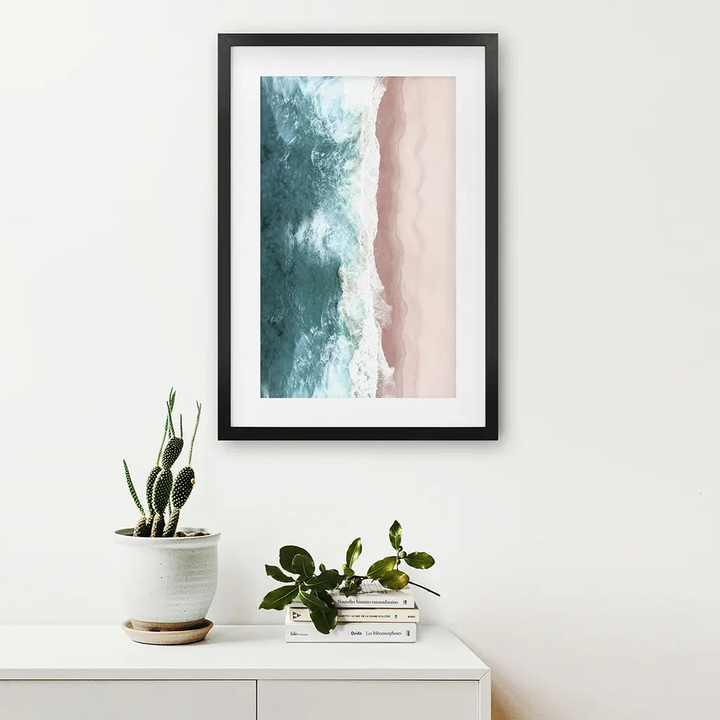 Ocean Aerial Wall Art Print, Pink Beach Blue Waves