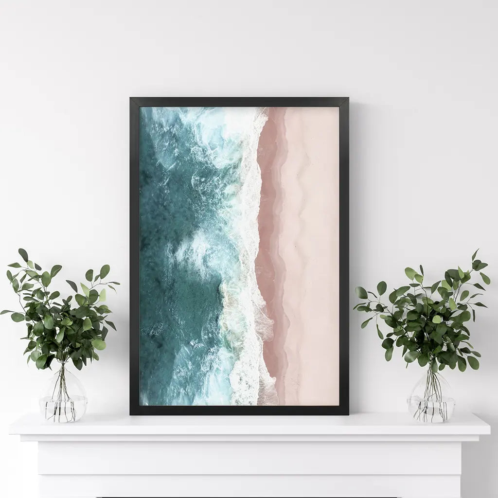 Ocean Aerial Wall Art Print, Pink Beach Blue Waves