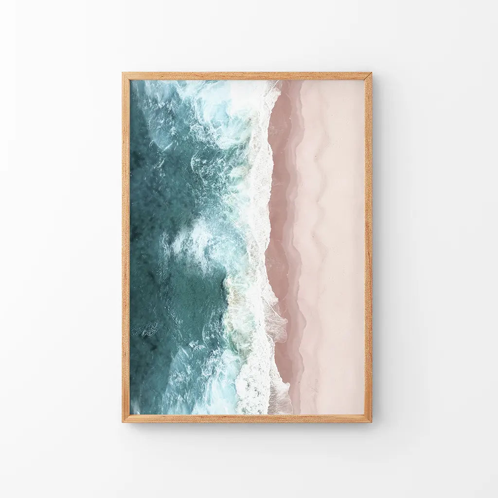 Ocean Aerial Wall Art Print, Pink Beach Blue Waves