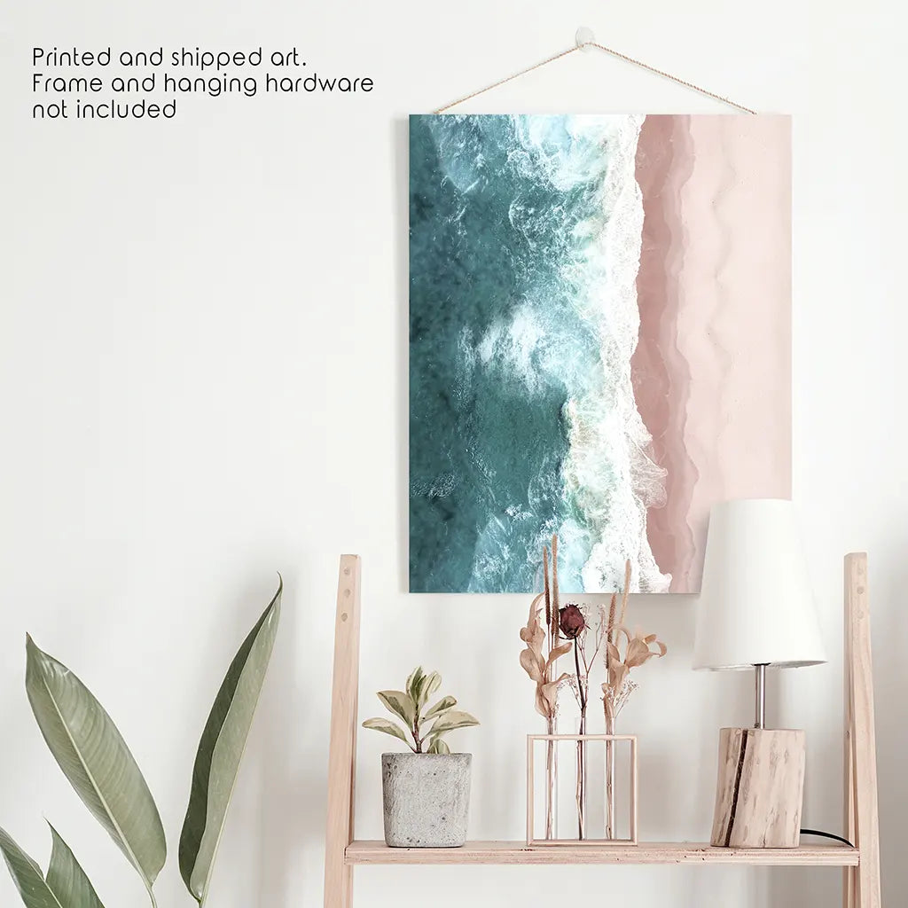 Ocean Aerial Wall Art Print, Pink Beach Blue Waves