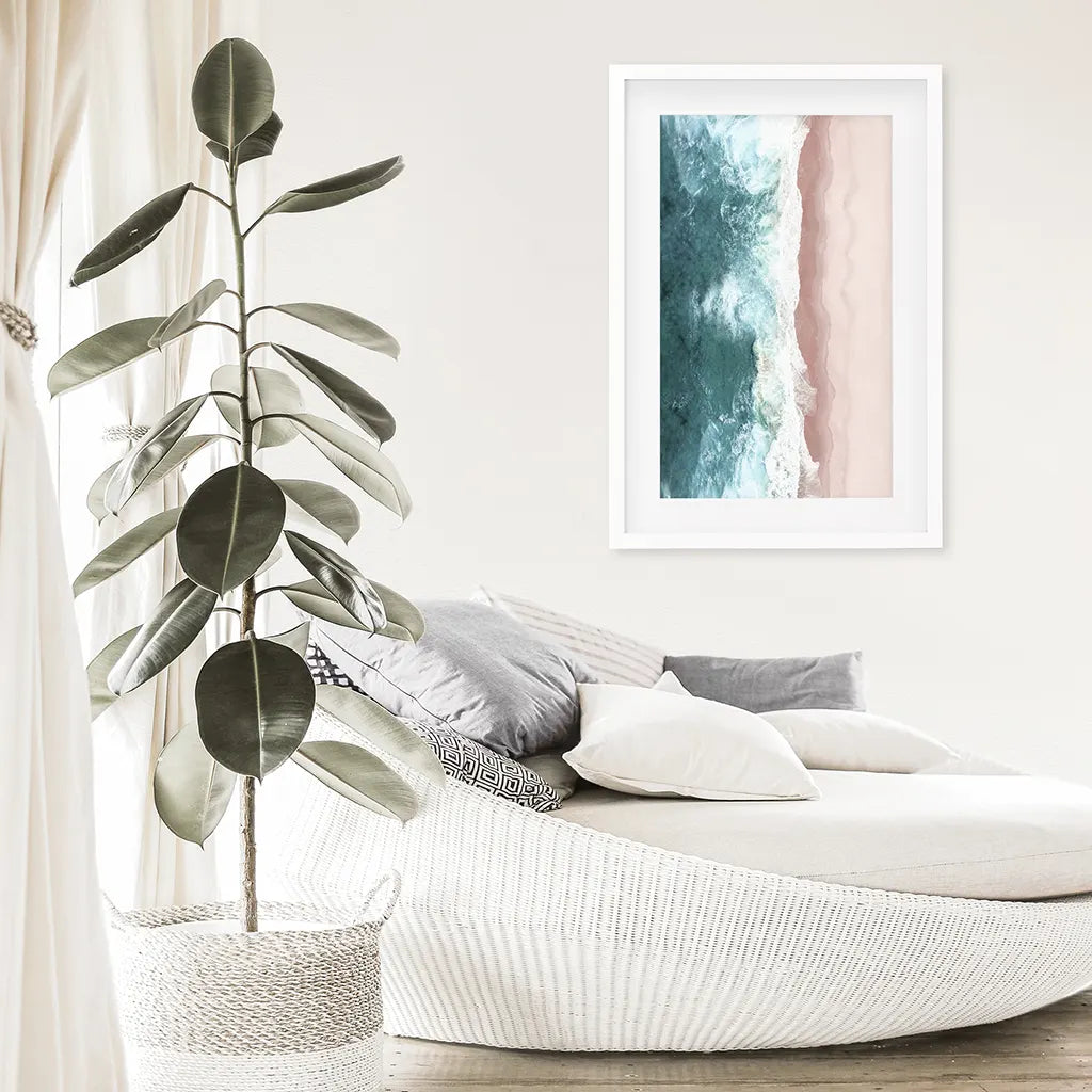 Ocean Aerial Wall Art Print, Pink Beach Blue Waves