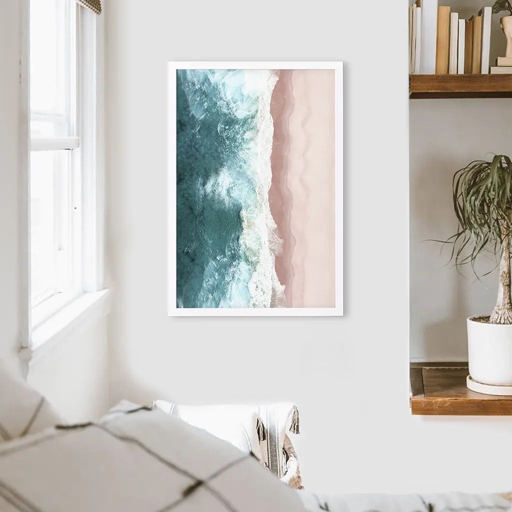 Ocean Aerial Wall Art Print, Pink Beach Blue Waves