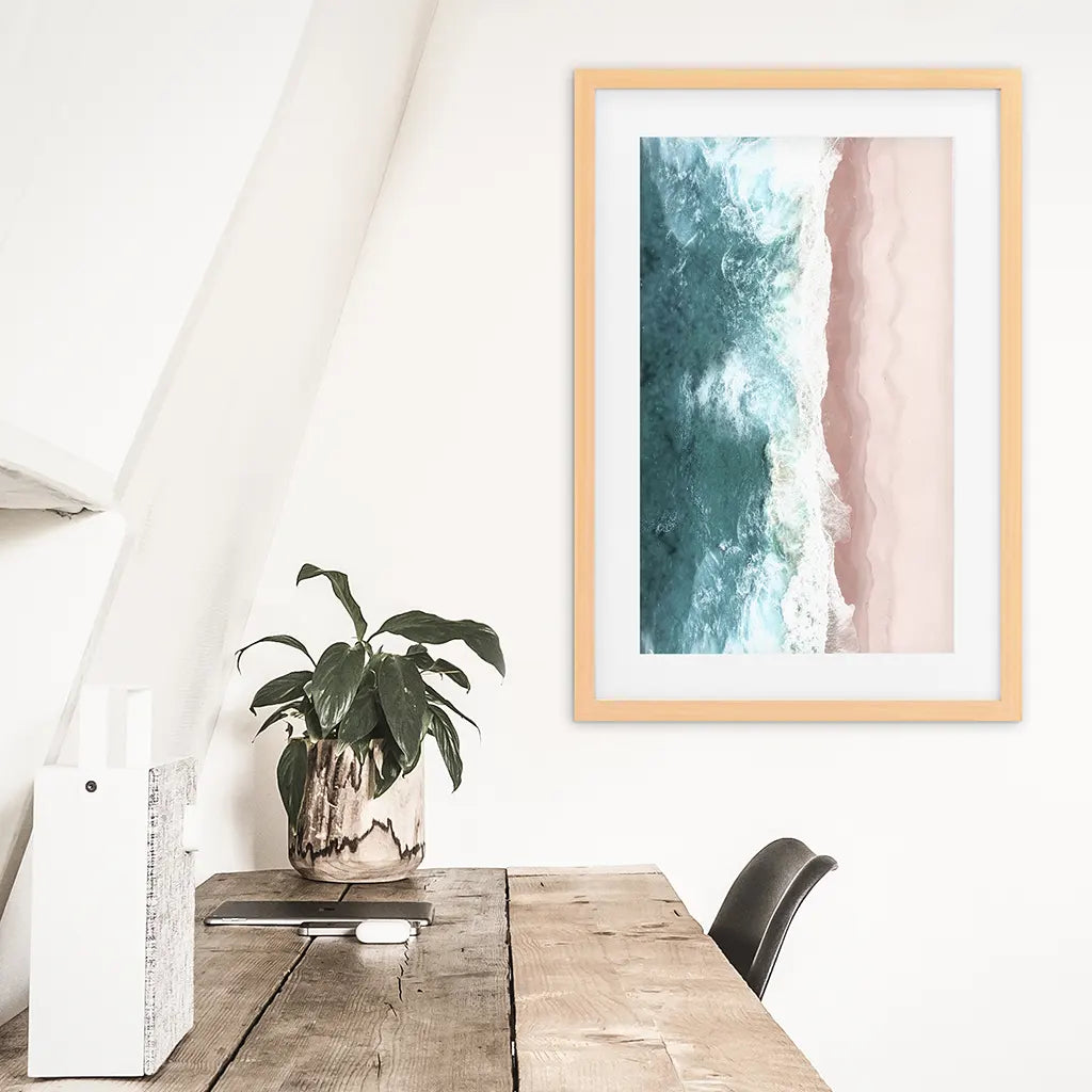 Ocean Aerial Wall Art Print, Pink Beach Blue Waves