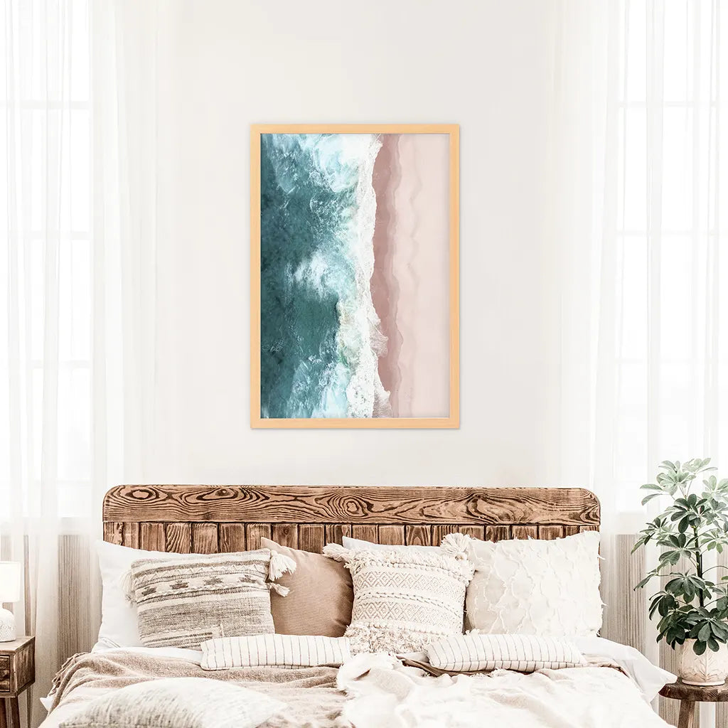 Ocean Aerial Wall Art Print, Pink Beach Blue Waves