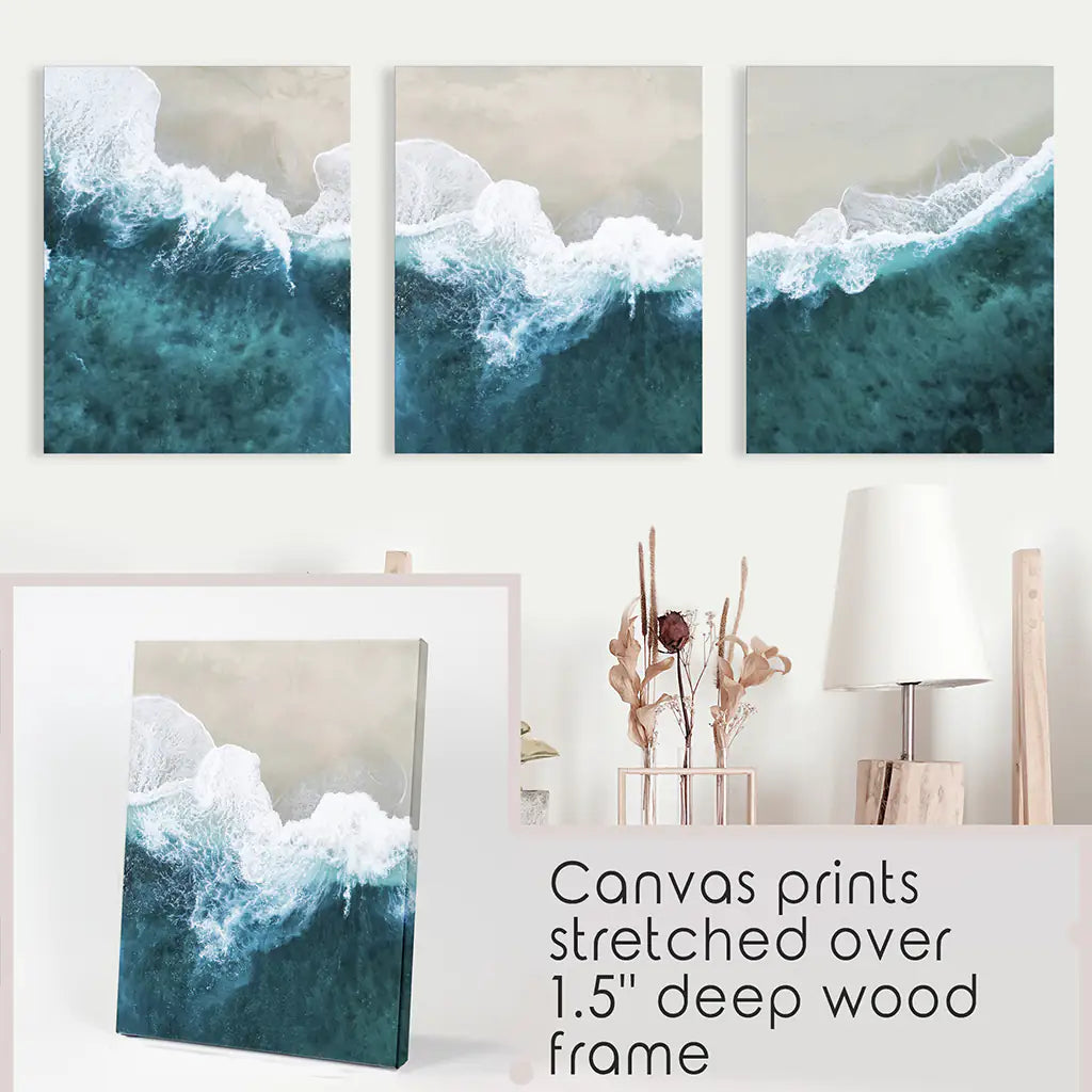 Turquoise Wave Beach Wall Art Set of 3. Aerial Coastal
