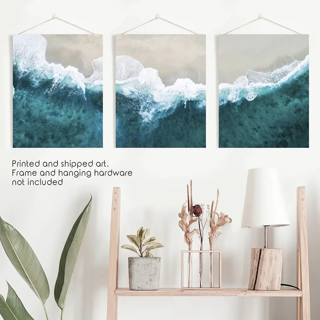 Turquoise Wave Beach Wall Art Set of 3. Aerial Coastal