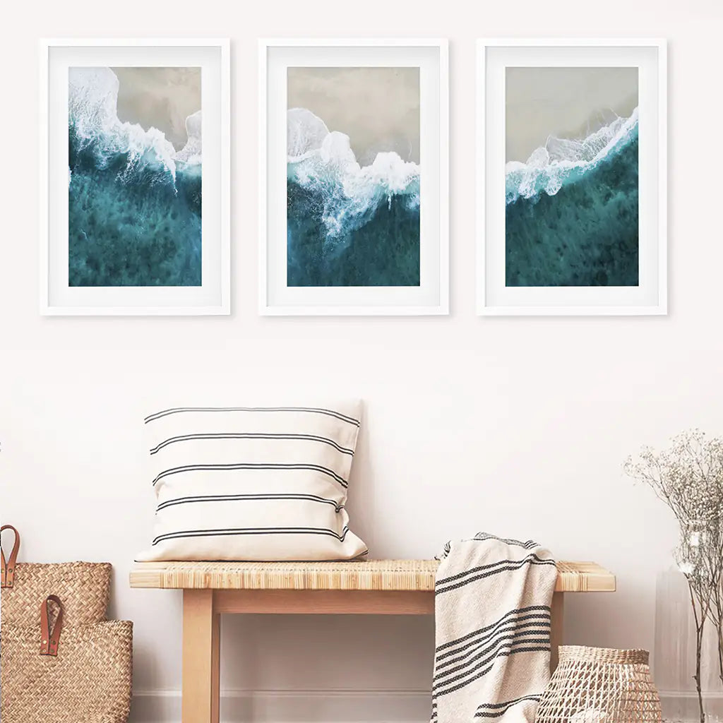 Turquoise Wave Beach Wall Art Set of 3. Aerial Coastal