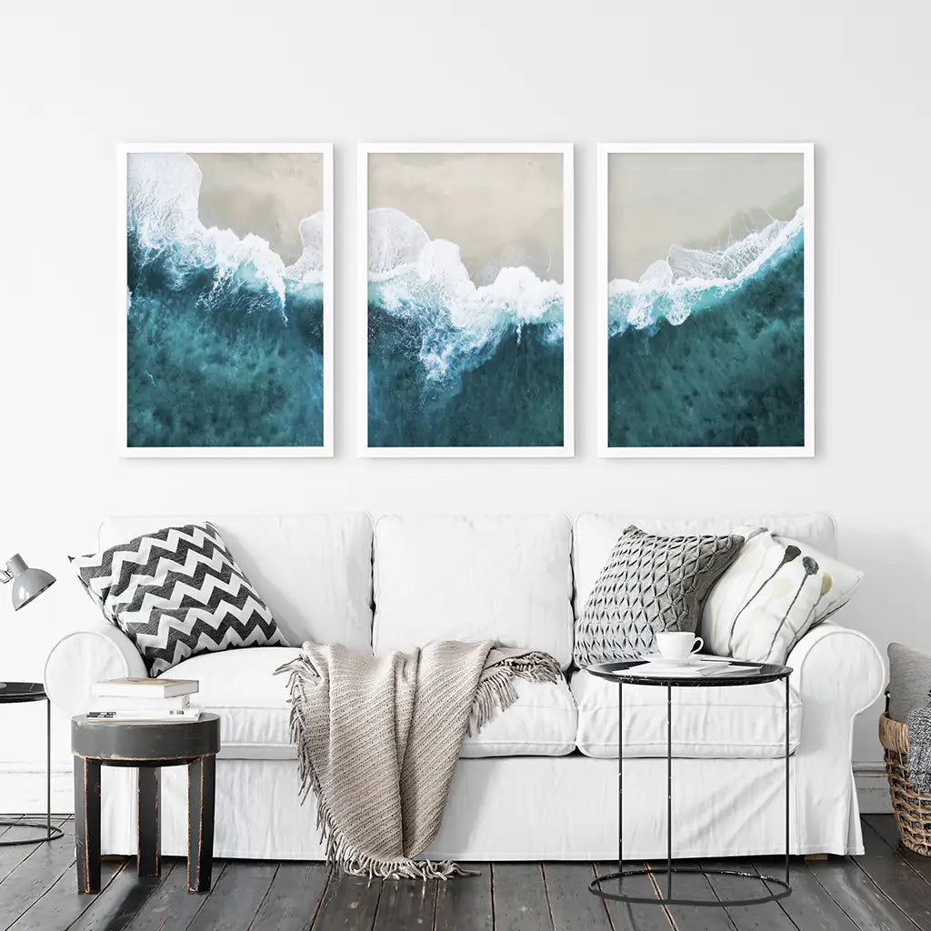 Turquoise Wave Beach Wall Art Set of 3. Aerial Coastal