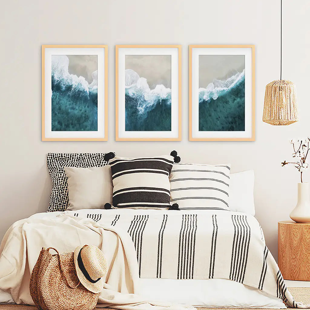 Turquoise Wave Beach Wall Art Set of 3. Aerial Coastal