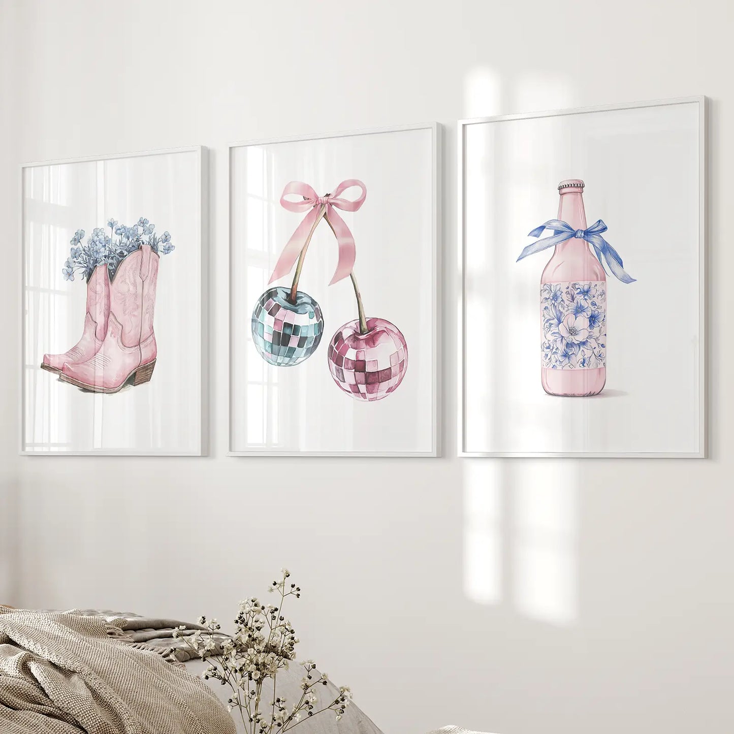Cherries and Disco Ball Preppy Pink Wall Art Set