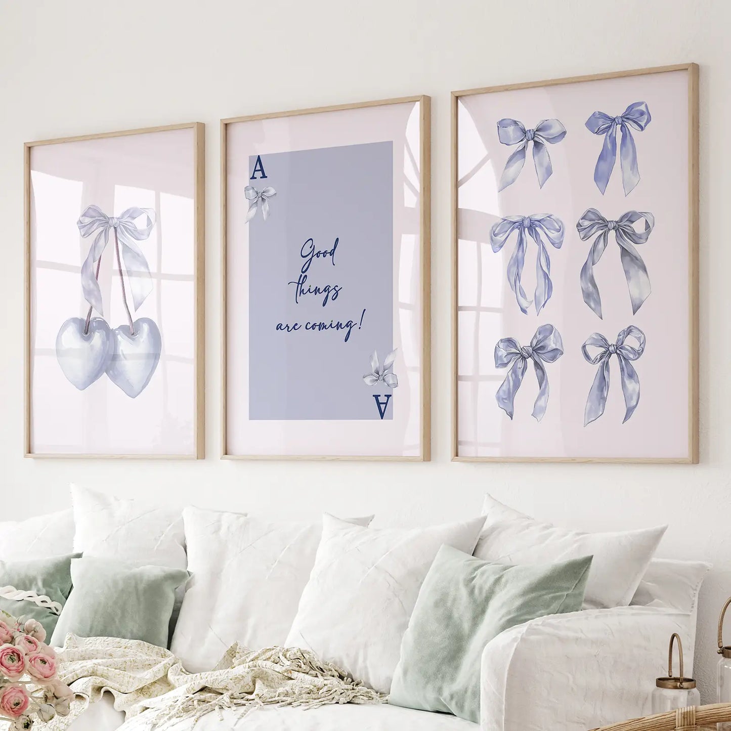 Blue Bows Preppy Girly Wall Art Set of 3 Prints