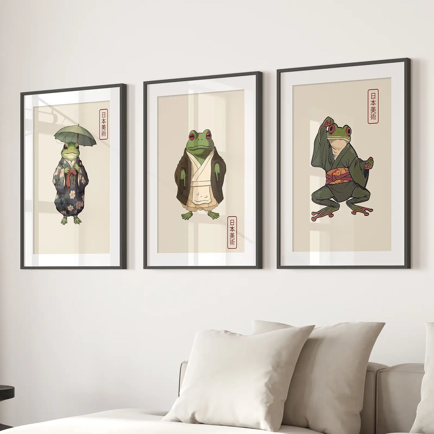 Whimsical Japanese Frog Wall Art Set of 3 Prints