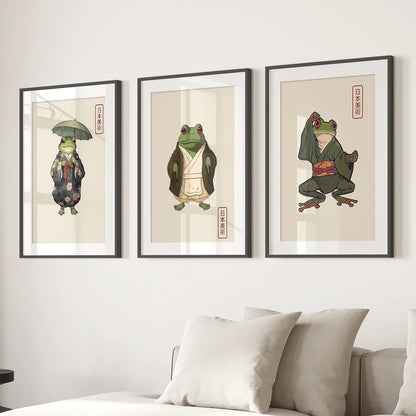 Whimsical Japanese Frog Wall Art Set of 3 Prints