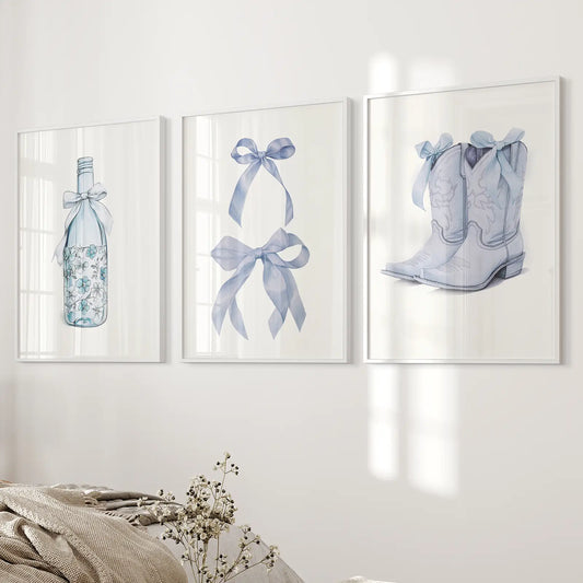 Preppy Blue Western Wall Art Set of 3 Prints Decor