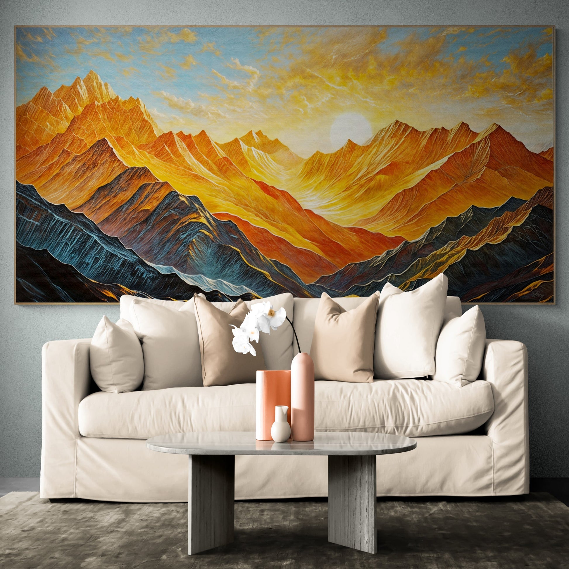 Alpenglow Majesty mountain sunset canvas wall art with warm glowing tones over alpine peaks