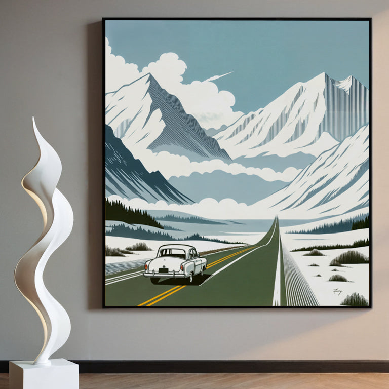 Alpine Journey classic car winding through mountain landscape canvas wall art