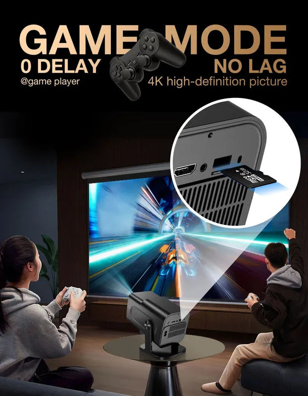 Android projector game console displaying game mode with no delay and 4K projection