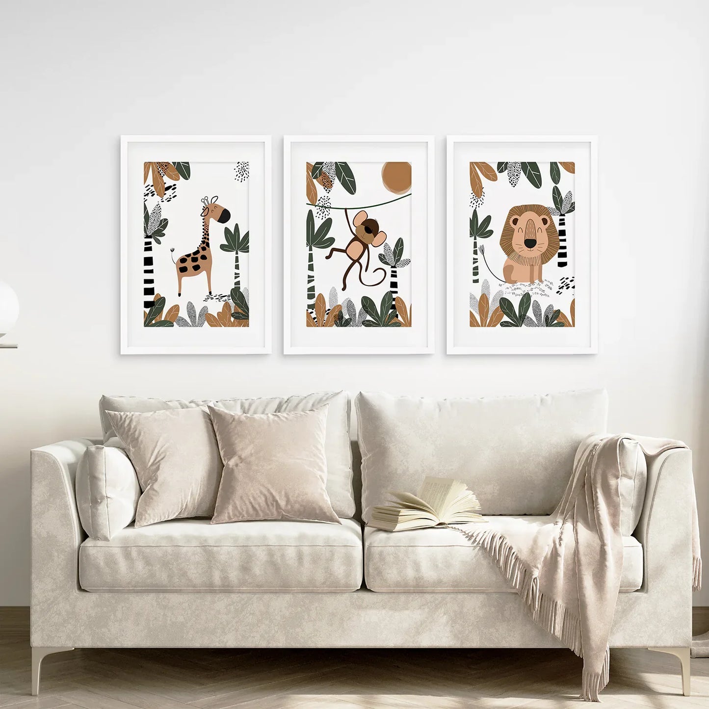 Safari Animals Nursery Wall Art Set of 3 - Giraffe, Monkey, Lion