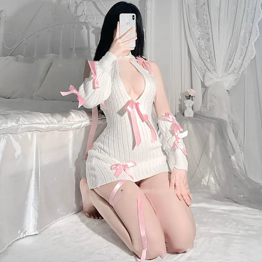 Anime sweater dress white ribbed knit pink bow off shoulder cosplay costume