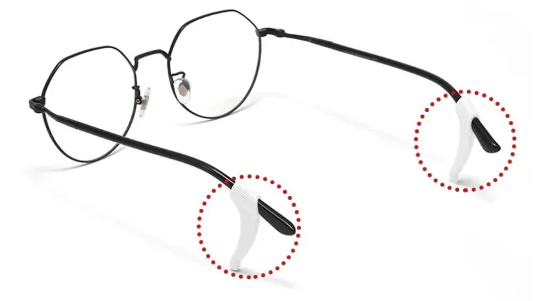 Anti slip ear grips installed on metal frame eyeglasses