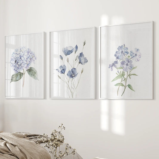 Watercolor Blue Flowers Wall Art Set of 3 Piece