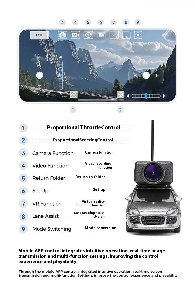 App-controlled mini RC car navigating desktop obstacle course with FPV camera view