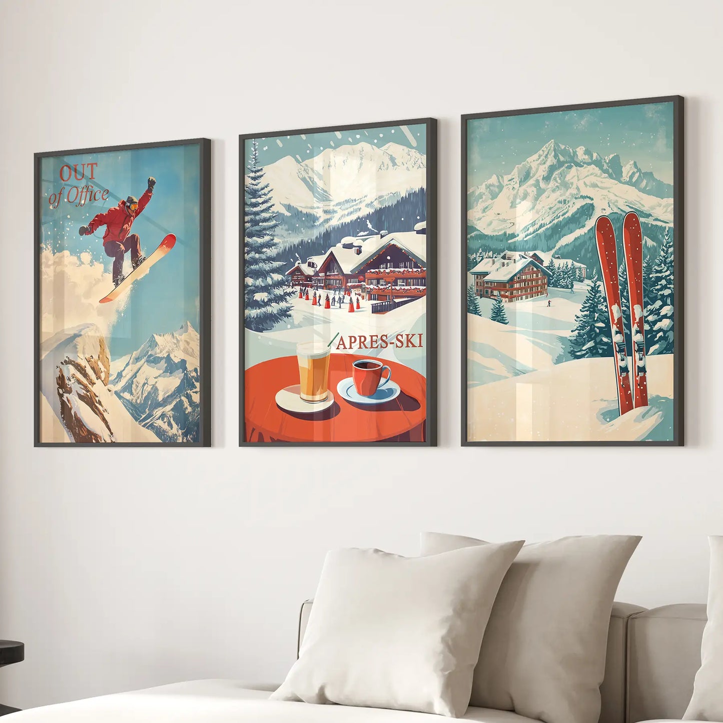 Ski Lodge Wall Art Set of 3 Retro Snowboard Apres Ski