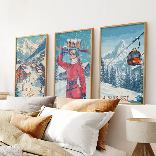 Vintage apres ski resort wall art set of 3 prints