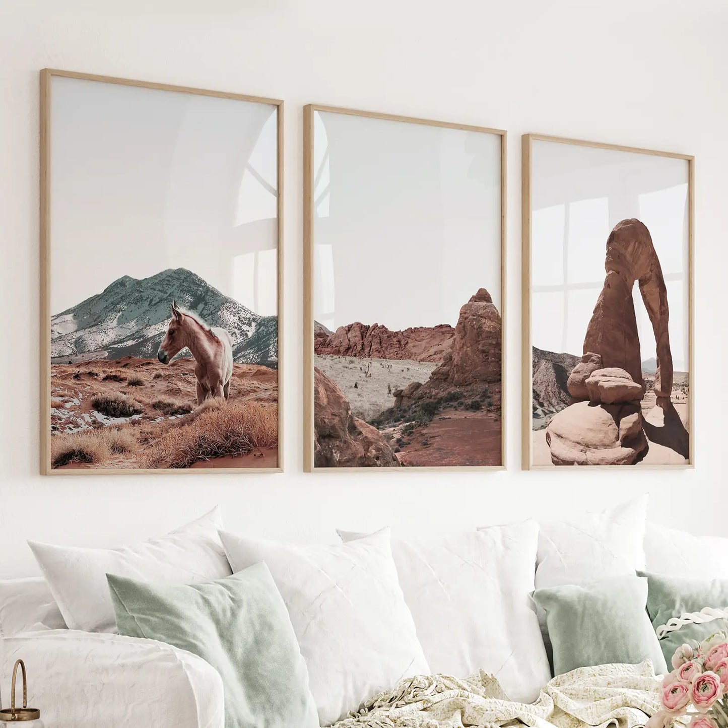 Set of 3 Arches National Park desert prints with a horse