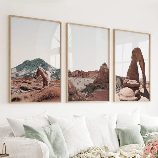 Set of 3 Arches National Park desert prints with a horse