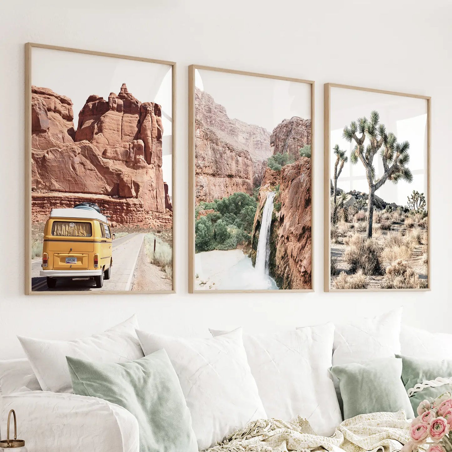 Set of 3 Arizona travel desert wall art prints with Joshua tree waterfall and bus