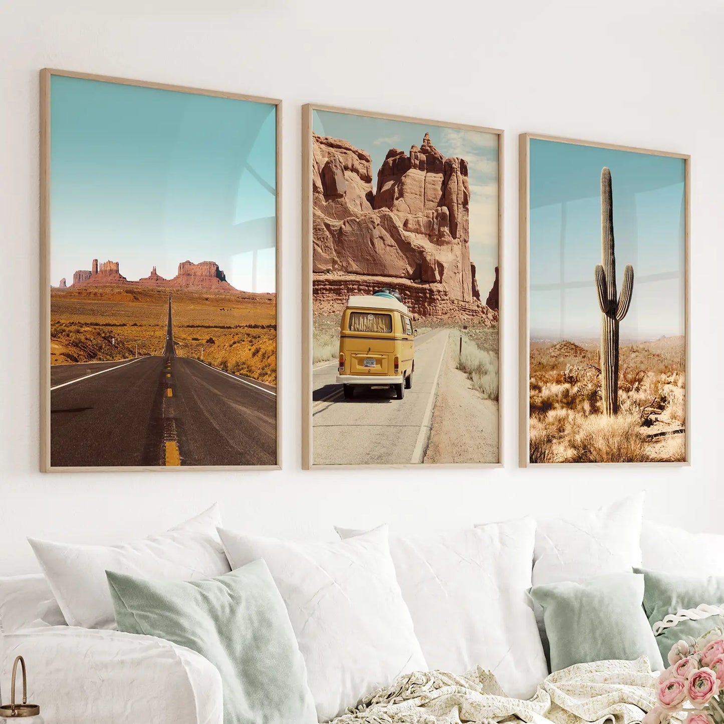 Arizona desert 3 piece wall art set with Grand Canyon, saguaro cactus, and retro van