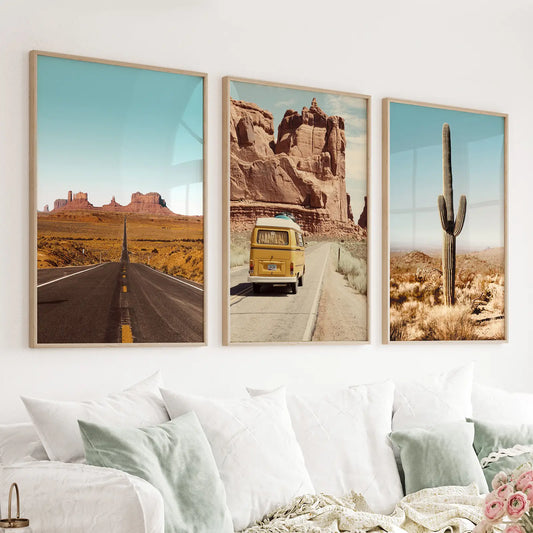 Arizona desert 3 piece wall art set with Grand Canyon, saguaro cactus, and retro van