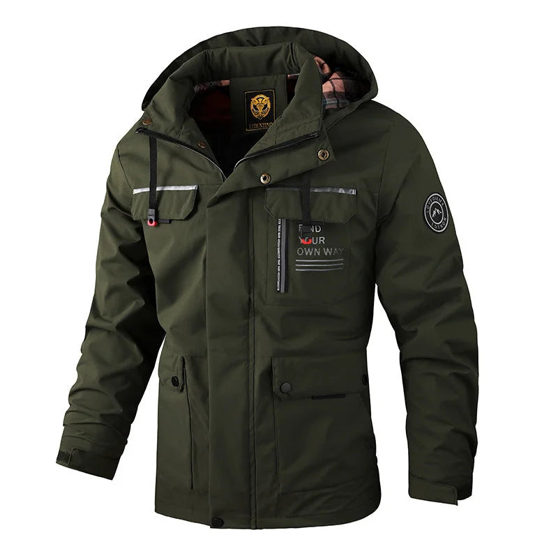 Army green men’s outdoor windbreaker jacket styled with rugged waterproof protection