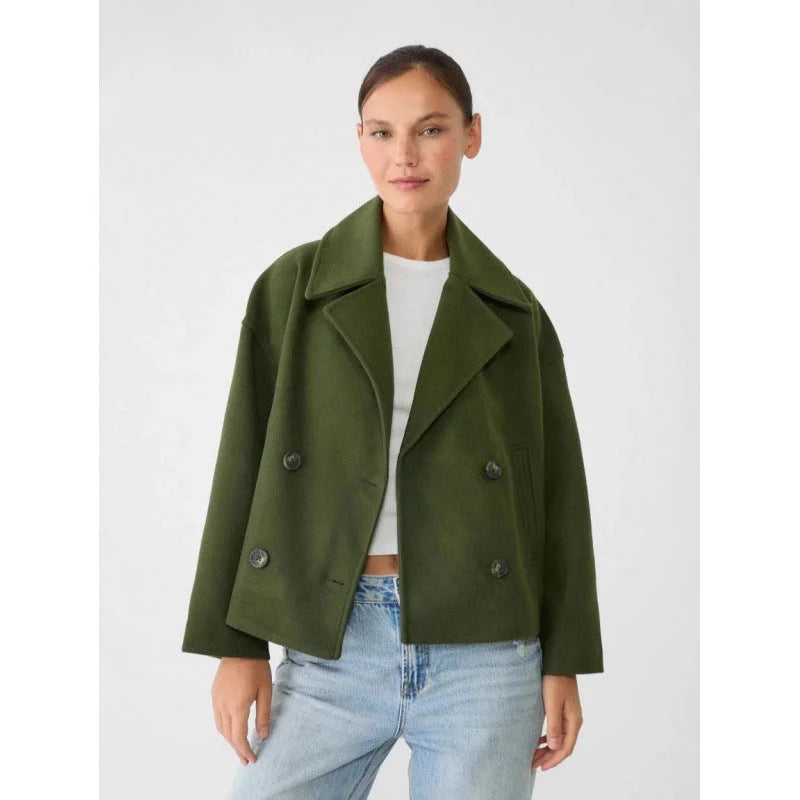 Army green women's double breasted lapel blazer cropped fit styled with jeans