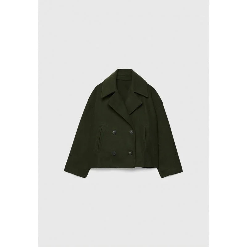 Army green women's double breasted lapel blazer with notched collar and front pockets