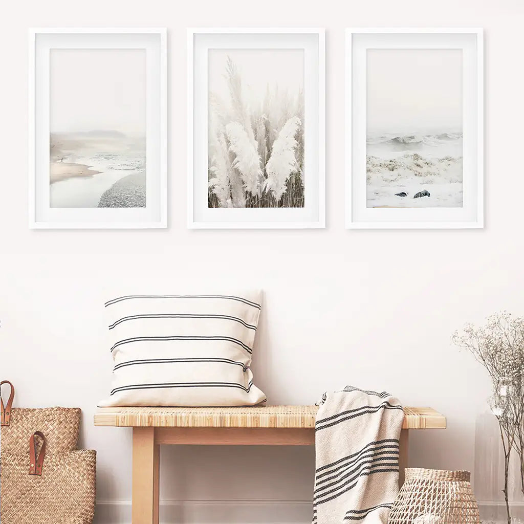 Beige Boho Beach Wall Art, Coastal 3 Piece Set
