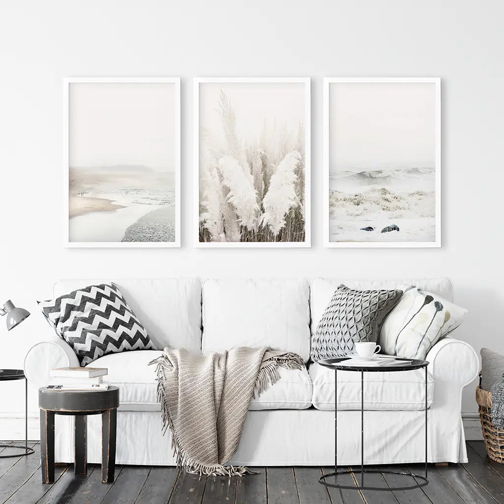 Beige Boho Beach Wall Art, Coastal 3 Piece Set