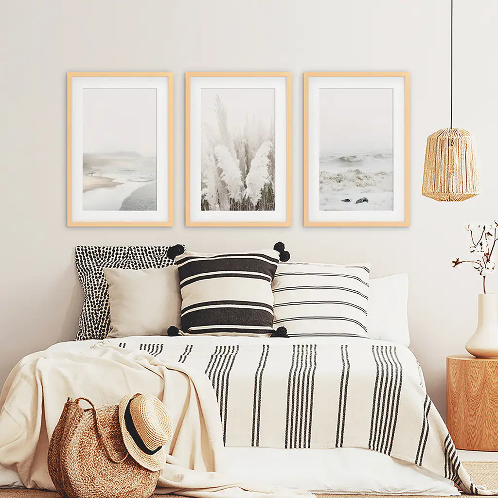 Beige Boho Beach Wall Art, Coastal 3 Piece Set