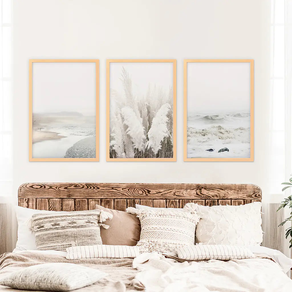 Beige Boho Beach Wall Art, Coastal 3 Piece Set