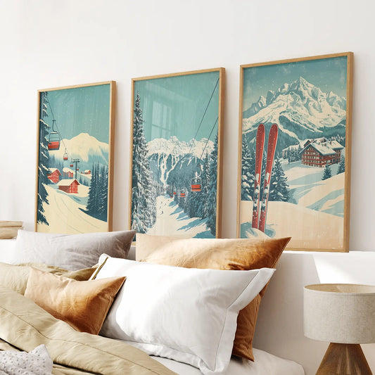 Vintage winter ski landscape wall art set of 3
