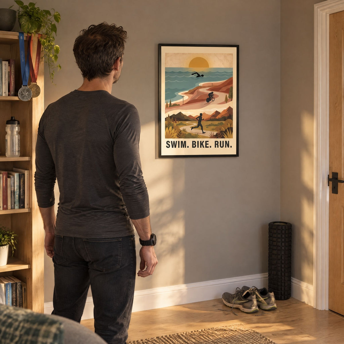 Athlete hanging the framed triathlon print on a living room wall, seen from behind in warm afternoon light