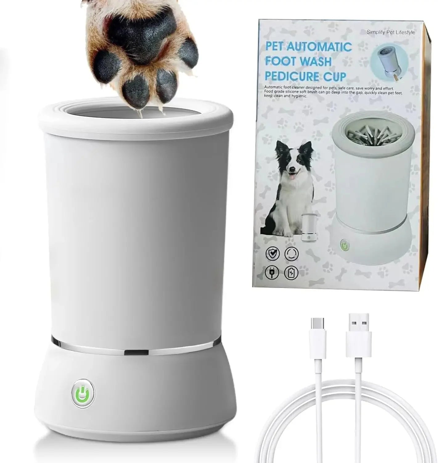 Automatic dog paw cleaner USB rechargeable with one button operation and soft silicone bristles
