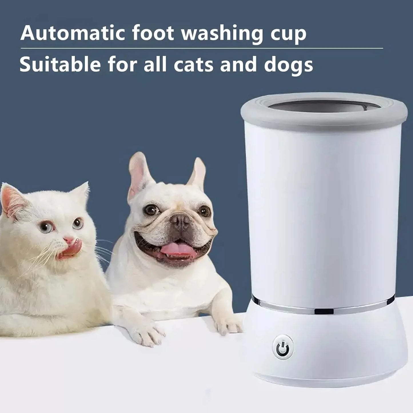 Automatic foot washing cup for pets with a cat and dog in front of it on a blue background