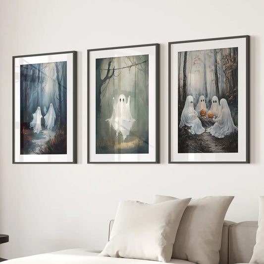 Spooky Ghost Halloween Wall Art Set of 3 Prints