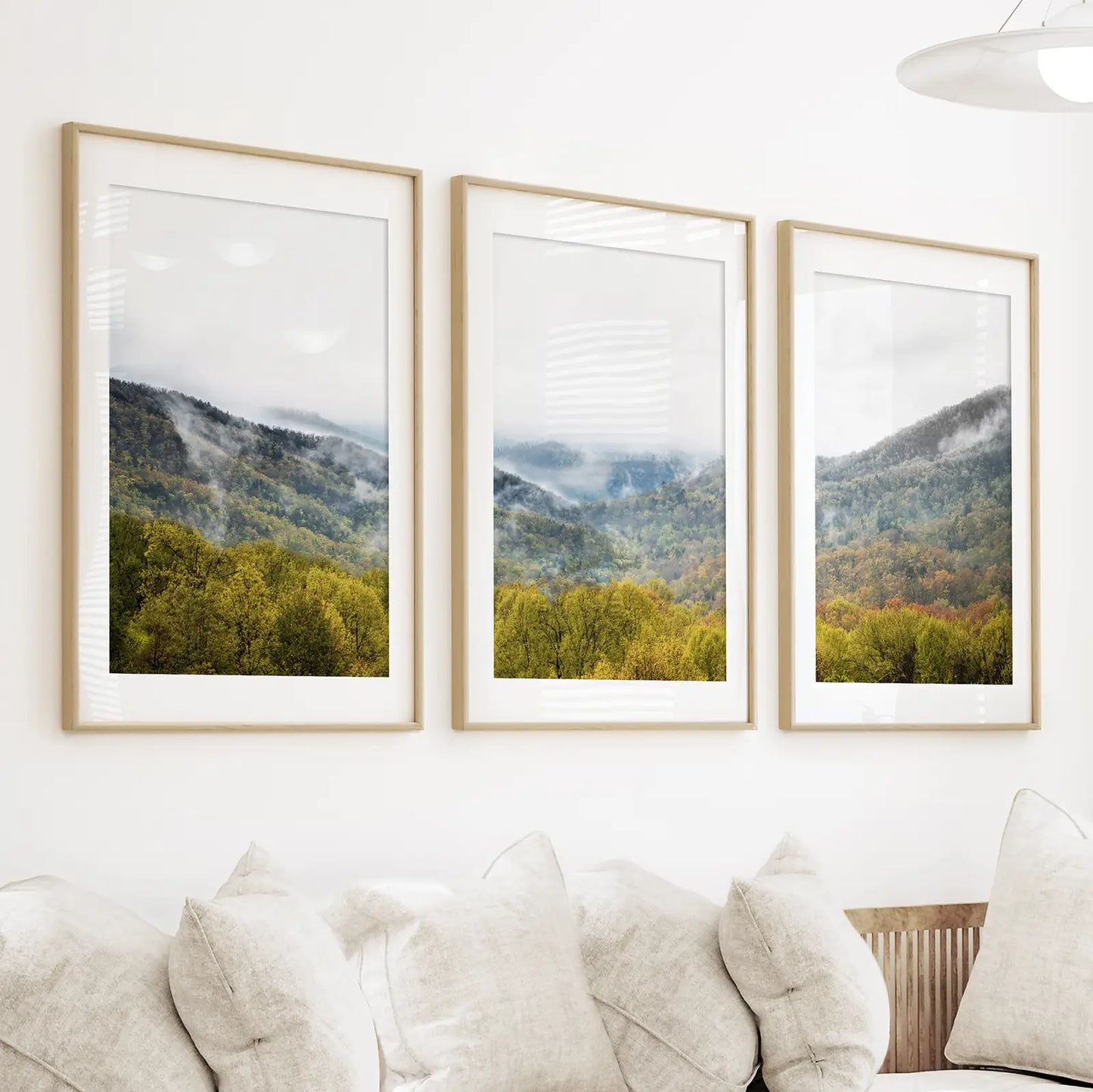 Foggy Mountain Forest Wall Art Triptych. Green Pines