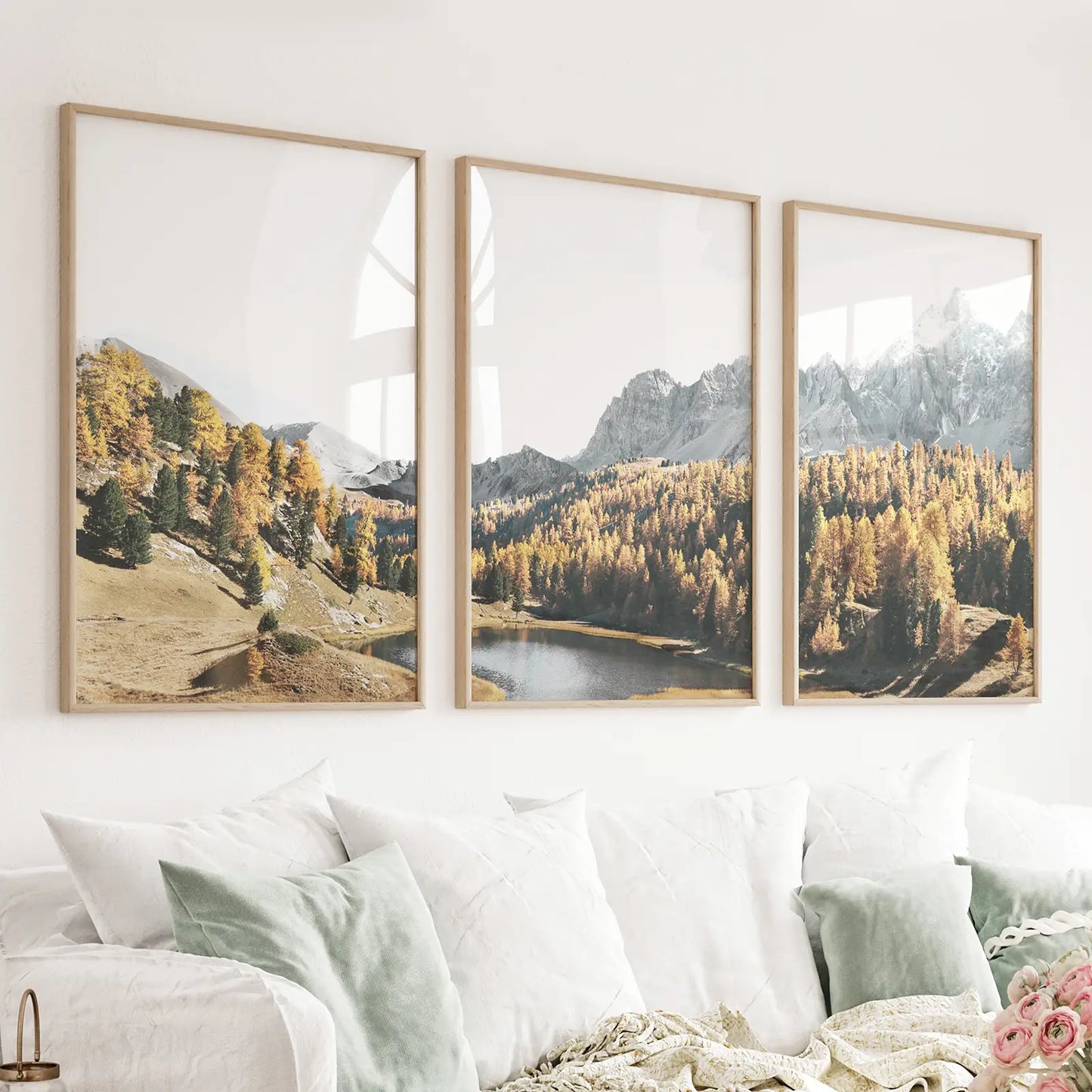 Autumn forest 3 piece wall art set with mountain lake in warm earthy tones