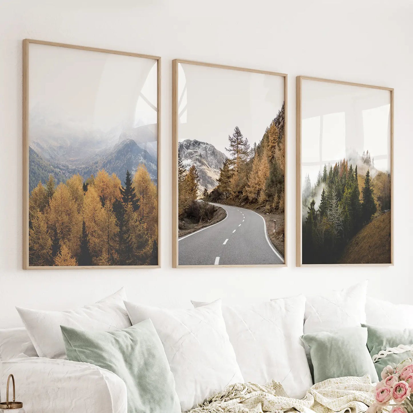 Autumn mountain forest 3 piece wall art set in warm gold, red, and brown tones